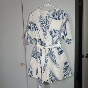 Hapsho White Romper with Navy Leaf Print and Elastic Waist And Tie Size L